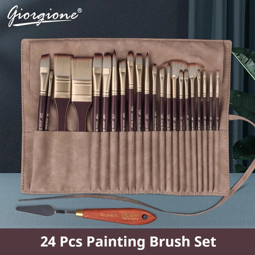 Acrylic Paint Brushes Oil Paint Brushes Artist Paint Brushes Set Bag Pack with Scraper 25 Pcs Gouache Wooden Handle Brushes